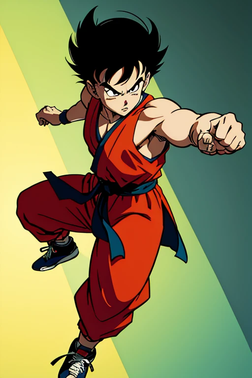 1male, solo, toriyama akira, flat colors, cell shading, bare shoulders, spiked black hair, looking at viewer, training robe, martial artist, sneakers, 