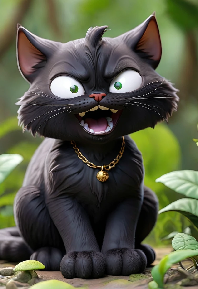 a thin and angry cat, he is black, he is not cute, the environment is a jungle, there is nobody and nothing except the cat in the image.