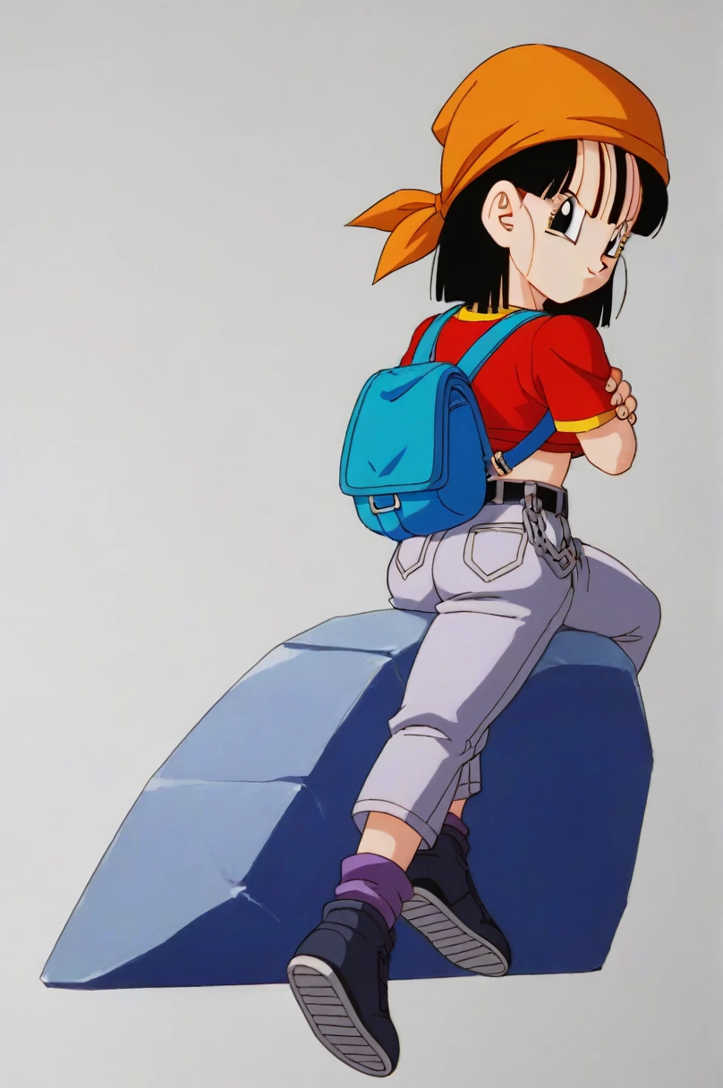 source_anime, score_9, score_8_up, score_7_up, anime screencap,8k, absurd res,
pan \(dragon ball\), 1girl, solo, looking at viewer, short hair, bangs, black hair, sitting, full body, short sleeves, sneakers, black gloves, gold trim, loose socks, belt, blue bag, black footwear, black eyes, chain, crossed arms, crossed legs, backpack, denim, red shirt, orange bandana, retro artstyle, female , grey pants, fanny pack, purple legwear, shoe soles, v-shaped eyebrows, from below, rock, midriff, collarbone, 1990s \(style\), skimpy clothing, sexy ass, sexy ass, medium breasts, full body, sexy body
