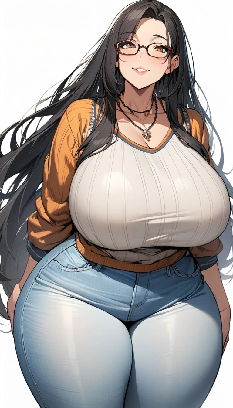 1girl,solo,Mature Woman,Black Hair,long hair,brown eyes color,Glasses,mother,gentle,kind face,Super huge breasts,Flabby thighs,wipWhipped thighs,white knit with vertical lines accentuating the lines of the body,jeans that accentuate the body's curves,necklace,standing up,Looking at this,Inclusive,White background,best quality, ultra detailed), intricate details,perfect eyes