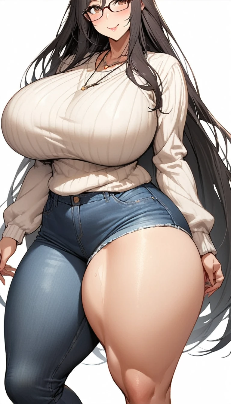 1girl,solo,Mature Woman,Black Hair,long hair,brown eyes color,Glasses,mother,gentle,kind face,Super huge breasts,Flabby thighs,wipWhipped thighs,white knit with vertical lines accentuating the lines of the body,jeans that accentuate the body's curves,necklace,standing up,Looking at this,Inclusive,White background,best quality, ultra detailed), intricate details,perfect eyes