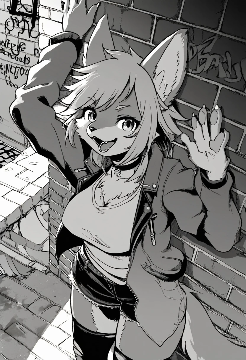 cover page, highres, top quality, best quality, paid reward available, unparalleled masterpiece, perfect artwork, absurdres, High-quality illustrations, laughing, perfect anatomy, lineart, monochrome, 1girl, kemono, furry, anthro, choker, shirt, torn legwear, open jacket, against wall, brick wall, graffiti, dim lighting, alley, dynamic angle,