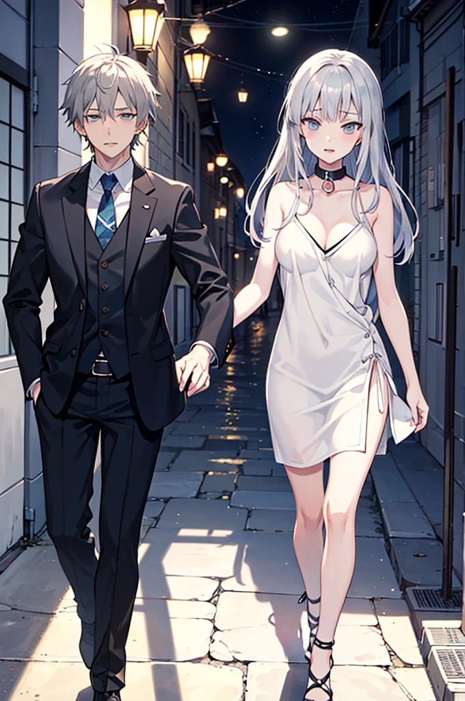 Animated image of a naked woman wearing a collar and a man in a suit, Anime drawing by Shitao, Pixiv, Rococo, , Gray-haired deity, Gray-haired, perfect Gray-haired girl, Gray-haired, top rated on Pixiv, Ahegao, , shikamimi