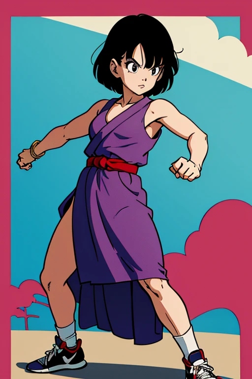 1female, solo, toriyama akira, flat colors, cell shading, bare shoulders, short black hair, looking at viewer, training robe, martial artist, sneakers, 