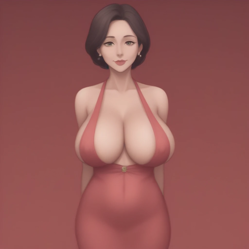 ((masterpiece, best quality, 8k, high resolution)), cartoon style, detailed skin, milf mother , sexy body , big breasts , cleavage , revealing clothes , red background