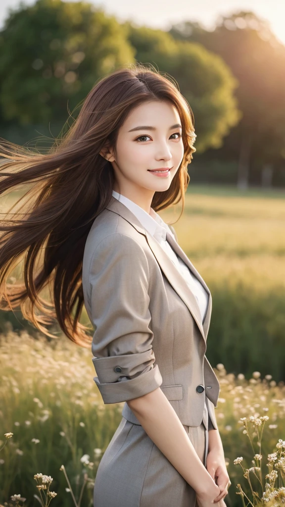 highest quality、genuine、Super detailed、finely、High resolution、8k wallpaper、one beautiful woman、、、light brown disheveled hair、wearing a business suit、sharp focus、perfect dynamic composition、beautiful and detailed eyes、thin hair、Detailed genuine skin texture、smile、model body shape、In a windswept meadow