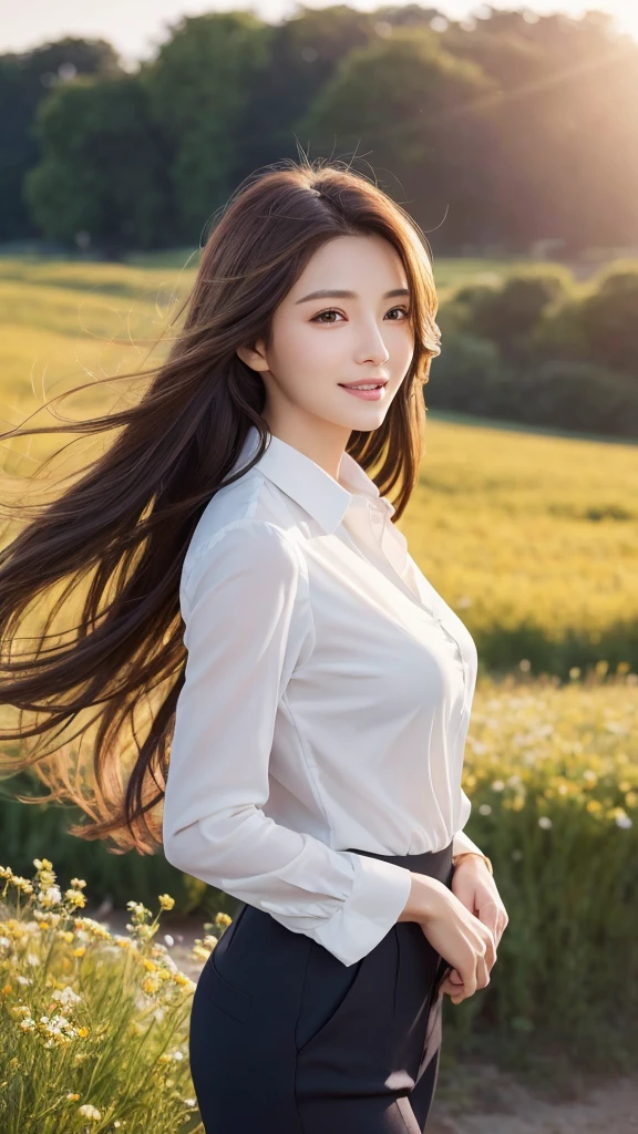 highest quality、genuine、Super detailed、finely、High resolution、8k wallpaper、one beautiful woman、、、light brown disheveled hair、wearing a business suit、sharp focus、perfect dynamic composition、beautiful and detailed eyes、thin hair、Detailed genuine skin texture、smile、model body shape、In a windswept meadow