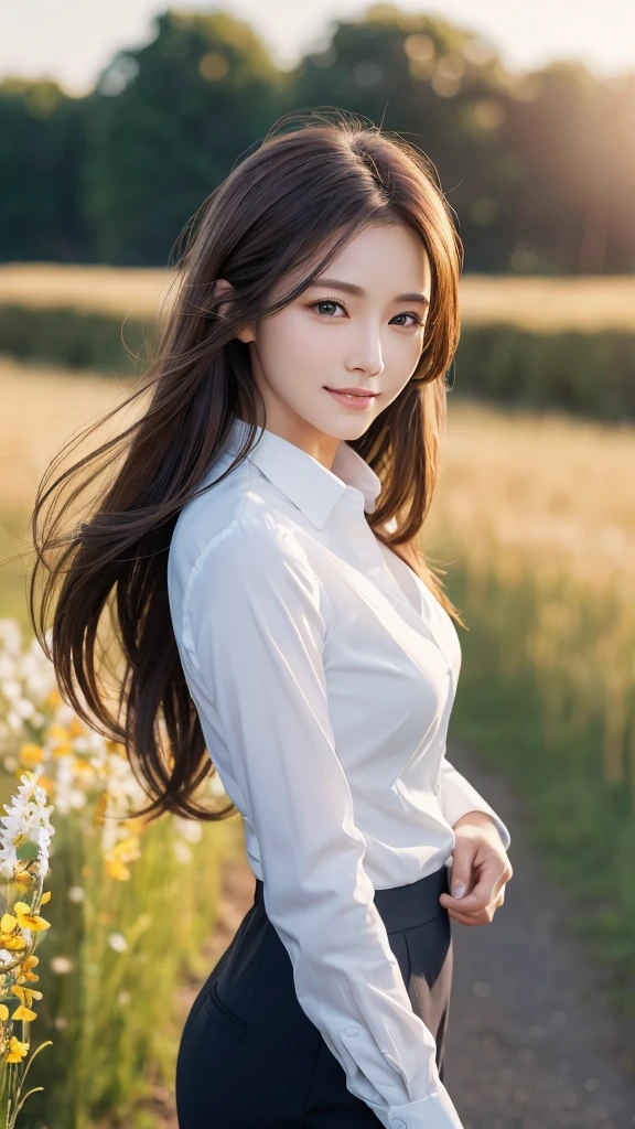 highest quality、genuine、Super detailed、finely、High resolution、8k wallpaper、one beautiful woman、、、light brown disheveled hair、wearing a business suit、sharp focus、perfect dynamic composition、beautiful and detailed eyes、thin hair、Detailed genuine skin texture、smile、model body shape、In a windswept meadow