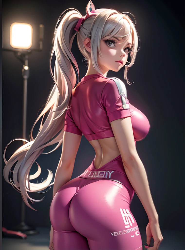 A woman wearing a short t-shirt, tight leggings, looking back, perfect large breasts, hyper realistic, 8k, intricate details, cinematic lighting, beautiful detailed eyes, beautiful detailed lips, extremely detailed face and body, long eyelashes, volumetric lighting, photorealistic, masterpiece, digital art, fantasy, vibrant colors, dramatic lighting