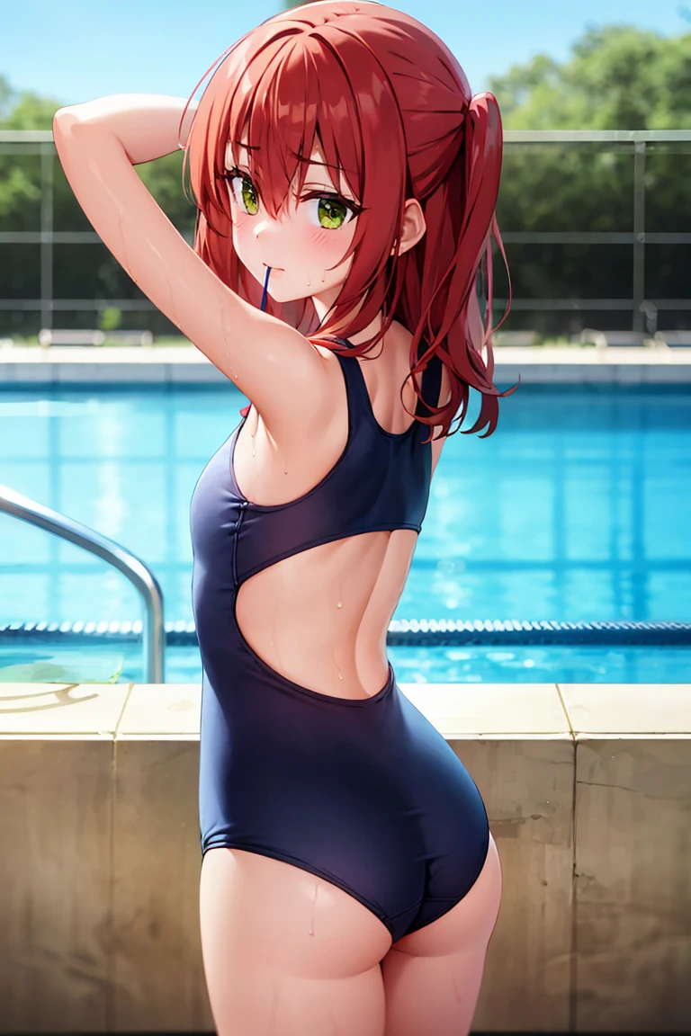 room, 1 Girl, Highest quality, Ultra-high resolution, Long Hair, Redhead, Green Eyes,Looking at the audience, Small , Shy face、Watery eye, Open your mouth、Cowboy Shot、Navy school swimsuit、Pool、Backwards、look back、Sexy powith arms raised behind head