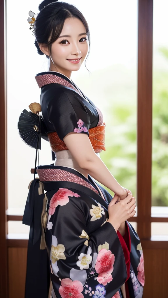 (Super beautiful woman in kimono)、((highest quality、8K masterpiece:1.3))、sharp focus:1.2、(super beautiful face:1.0)、(shiny skin:1.0)、realistic pictures、black hair、video lighting、High resolution eyes and face、video lighting、japanese actress、from the front、with a happy smile、whole body、wearing a kimono、in Kyoto、(luxury obi)、with a fan