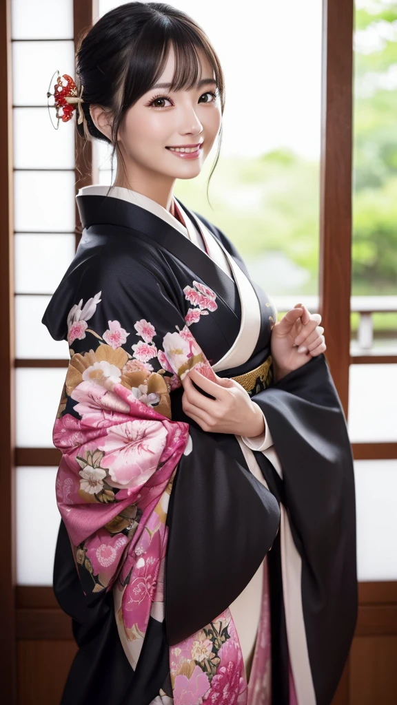 (Super beautiful woman in kimono)、((highest quality、8K masterpiece:1.3))、sharp focus:1.2、(super beautiful face:1.0)、(shiny skin:1.0)、realistic pictures、black hair、video lighting、High resolution eyes and face、video lighting、japanese actress、from the front、with a happy smile、whole body、wearing a kimono、in Kyoto、(luxury obi)、with a fan