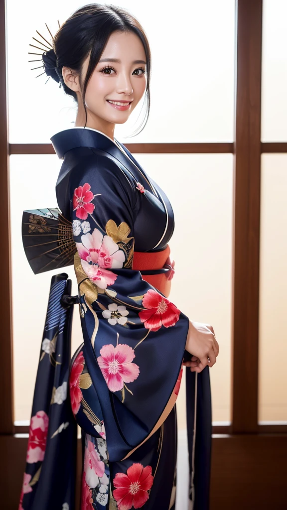 (Super beautiful woman in kimono)、((highest quality、8K masterpiece:1.3))、sharp focus:1.2、(super beautiful face:1.0)、(shiny skin:1.0)、realistic pictures、black hair、video lighting、High resolution eyes and face、video lighting、japanese actress、from the front、with a happy smile、whole body、wearing a kimono、in Kyoto、(luxury obi)、with a fan