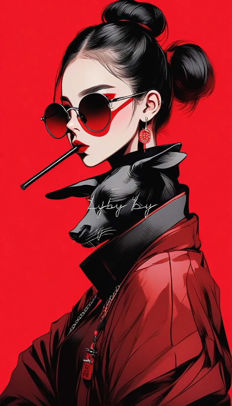 Illustrator, anime , Realistic ,sketch , 1 girl, ,lip, sweater,order, red gradient background, black and red Hair,Textured Trim, Canadian, (masterpiece,highest quality)two bun fashion Hair,sunglasses fashion ,smoking pipe,china dress,