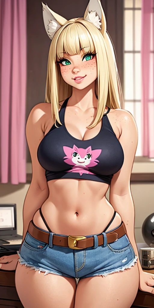 Beautiful round medium breasts, 1girl, ((Straight blonde hair with cute bangs)) ((wolf girl, Fluffy wolf furry ears)) light green eyes, has an beautiful sensual body with freckles, with full breasts and thin waist, HIP HOP Beautiful and cute tank top, high waist denim shorts, women's belt fabric delicate, has a bold appearance. young, quality, realistic, best quality, cute expression, pink lipstick lips, Cute smile, leaning, In the beautiful romantic beautiful room