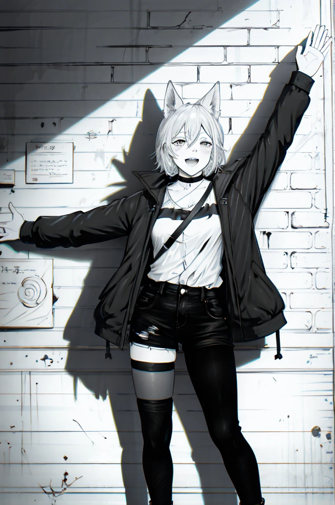 cover page, highres, top quality, best quality, paid reward available, unparalleled masterpiece, perfect artwork, absurdres, High-quality illustrations, laughing, perfect anatomy, lineart, monochrome, 1girl, kemono, furry, anthro, choker, shirt, torn legwear, open jacket, against wall, brick wall, graffiti, dim lighting, alley, dynamic angle,