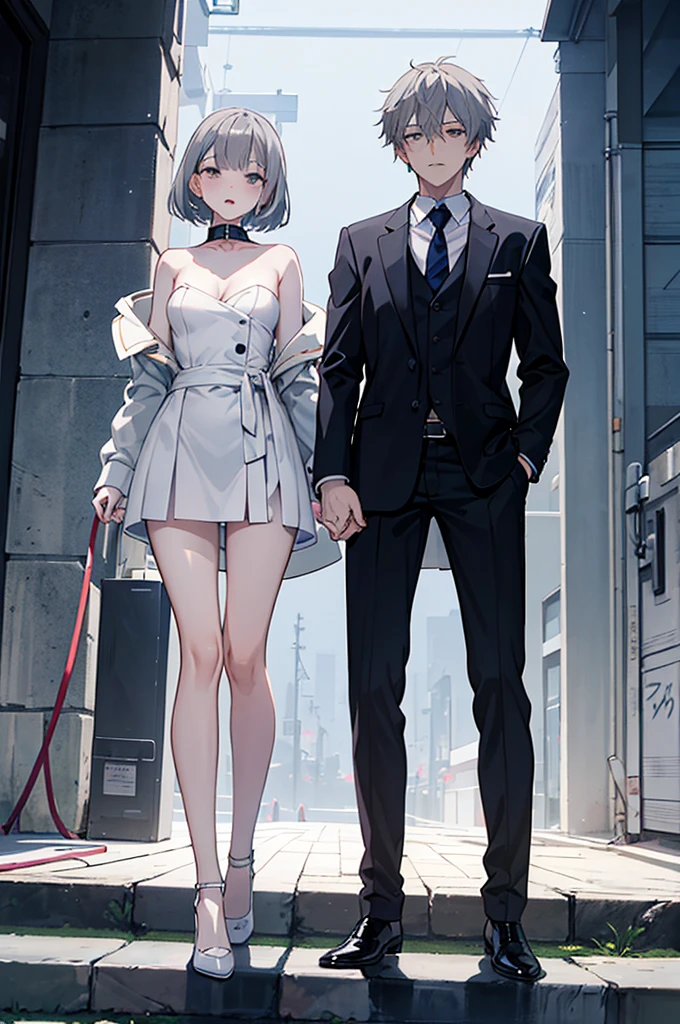Animated image of a naked woman wearing a collar and a man in a suit, Anime drawing by Shitao, Pixiv, Rococo, , Gray-haired deity, Gray-haired, perfect Gray-haired girl, Gray-haired, top rated on Pixiv, Ahegao, , shikamimi