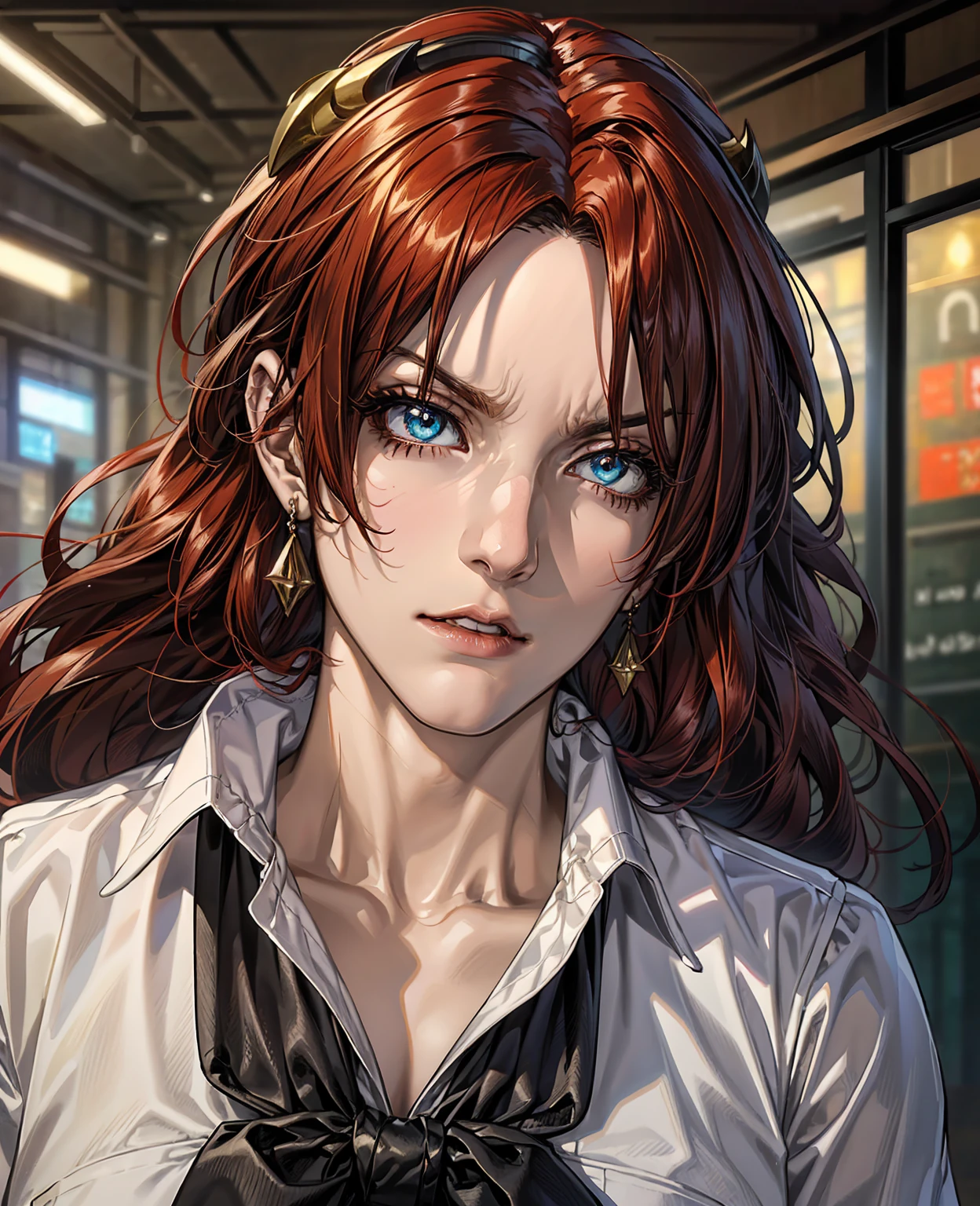 (best quality),(masterpiece), (extremely detailed 8K wallpaper),ultra-detailed,cinematic lighting, detailed light, best shadow, dyanamic angle, from down, train station, train, signal light, 1boy, leonard dung, red hair, aqua eyes, earring, single horn, strip mark on face, shone, white shirt,, detailed face, detailed reflctive eyes, beautiful eyes, extremely deatiled face,reflective hair,