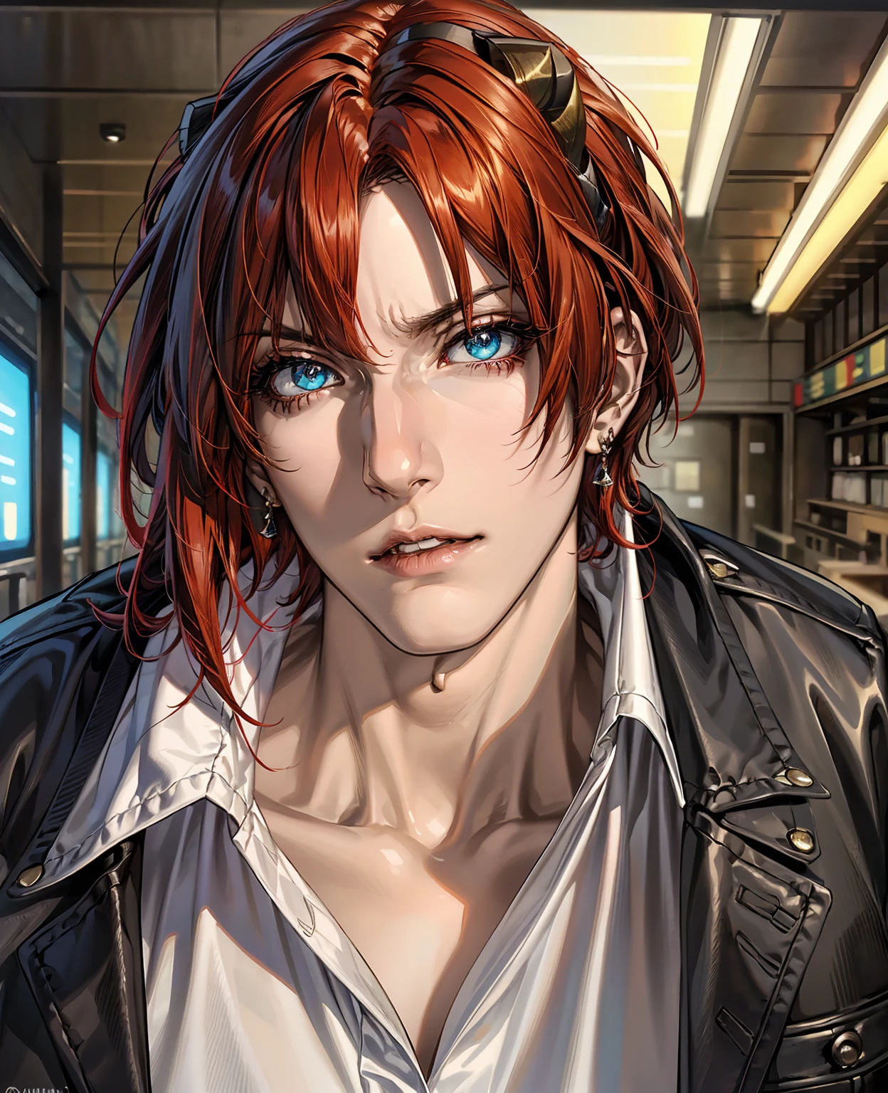 (best quality),(masterpiece), (extremely detailed 8K wallpaper),ultra-detailed,cinematic lighting, detailed light, best shadow, dyanamic angle, from down, train station, train, signal light, 1boy, leonard dung, red hair, aqua eyes, earring, single horn, strip mark on face, shone, white shirt,, detailed face, detailed reflctive eyes, beautiful eyes, extremely deatiled face,reflective hair,