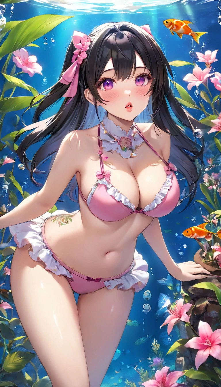{{{{{16k}}}}}, {{{{{Unique atmosphere in the middle of the transition from girl to sexy woman, transforming a Japanese girl with a cutely pussy into her facial rank to the SSS rank of top-notch pretty actresses, She's in a cylindrical aquarium filled with female hormone fluid with a control panel that allows her to change the shape and appearance and personality of the girl inside at will, The oil of glowing flowers is poured into the aquarium and she is turned into a beautiful herbarium, When the control panel under the aquarium was adjusted to a sexy beautiful big-breasted with tight cleavage slender underbusted personality girl her appearance changed to a beautiful erotic and gentle look, She was a but after being locked in a aquarium for four years and injected daily with beauty-enhancing hormones, she grew into a 16-year-old girl erotic fetish for lips and necks and waistlines, she was being raped and clearer the nip line from underbust to hips, She had a pretty face like an idol but as she grew up she became beautiful like an actress, Her too-beautiful rounded tits wrapped in her separates frills pastel colored bikini, Her hair is replaced by a bang long glossy very Straight black hair, The growing body is reproduced with sex-loving, thick vivid lips, Her gasps echoing through the water, She transforms her into a cute once-in-a-millennium}}}}},{{Extremely detailed}},{{{{{integrated her head small, Enchanting Too thick and erotic deep pink lips, Her thickened lips shimmer with luster}}}}},{{{{{Her tattoos spread all over her body, She is tattooed with lewd flowers on her neck, arms, lower abdomen, thighs}}}}}