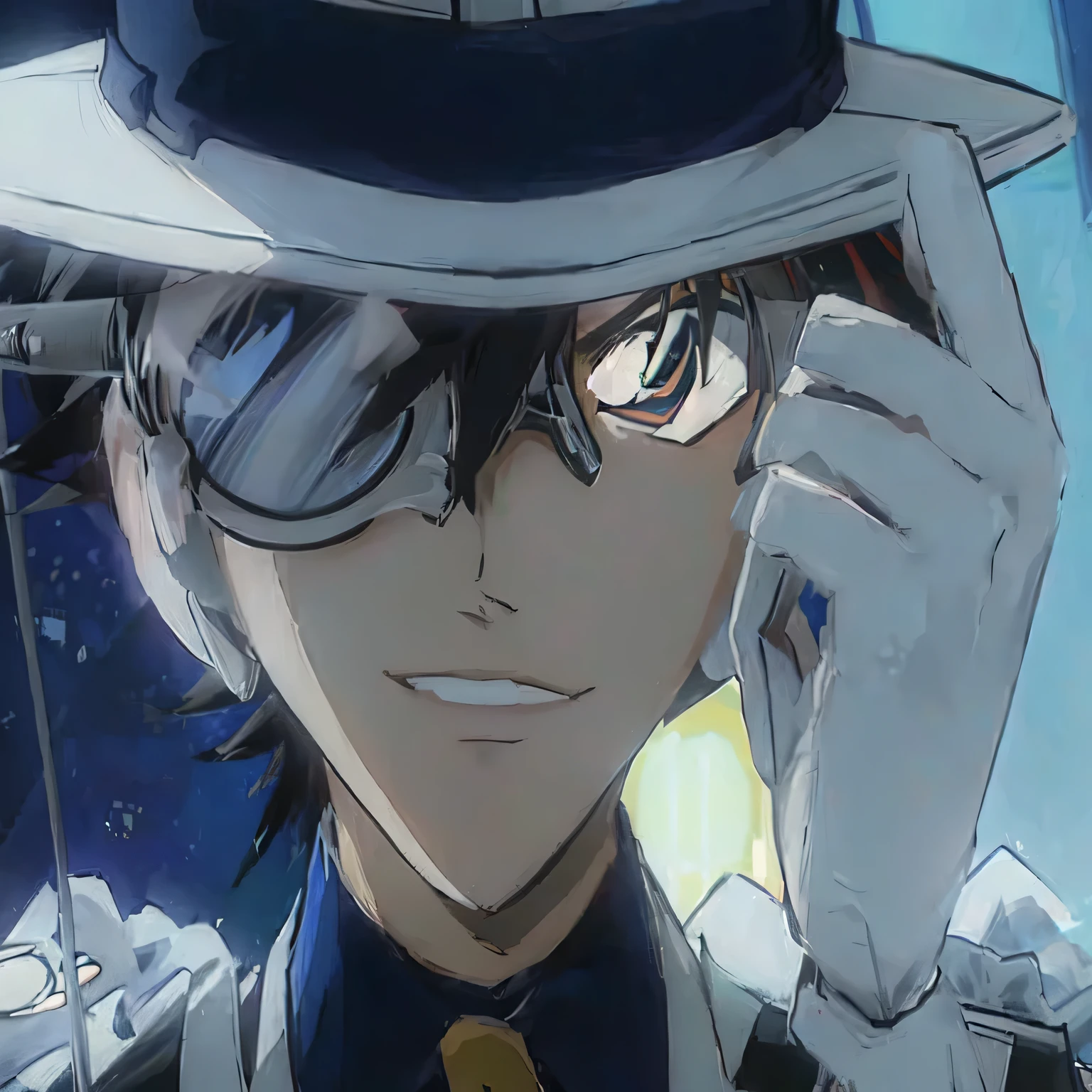 Anime characters with a hat and glasses talking on a cell phone, Katekyo Hitman Reborn, 2D Animation, Ganga Otaku, Persona 5 Phantom Thief Style, Anime characters, Shinji, Cel-shaded anime, Anime screenshots, as an Anime characters, Gurren Lagann, 2D Animation style, In anime, yukio - e, akiyuki shinbou