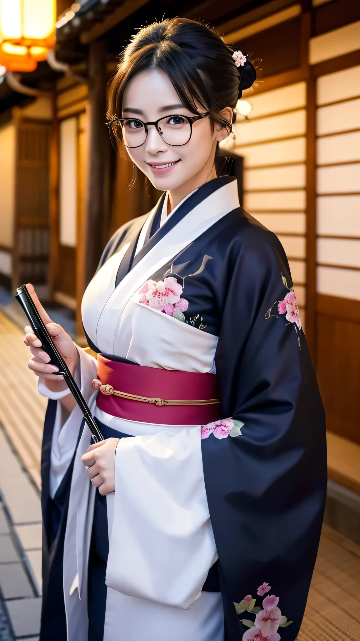 (Super beautiful woman in kimono)、((highest quality、8K masterpiece:1.3))、sharp focus:1.2、(super beautiful face:1.0)、(shiny skin:1.0)、realistic pictures、black hair、video lighting、High resolution eyes and face、video lighting、japanese actress、from the front、big breasts、with a happy smile、Slender abs beauty、whole body、wearing a kimono、in Kyoto、(((luxury obi)))、In Kyoto at night、wearing glasses with no edge、with a fan