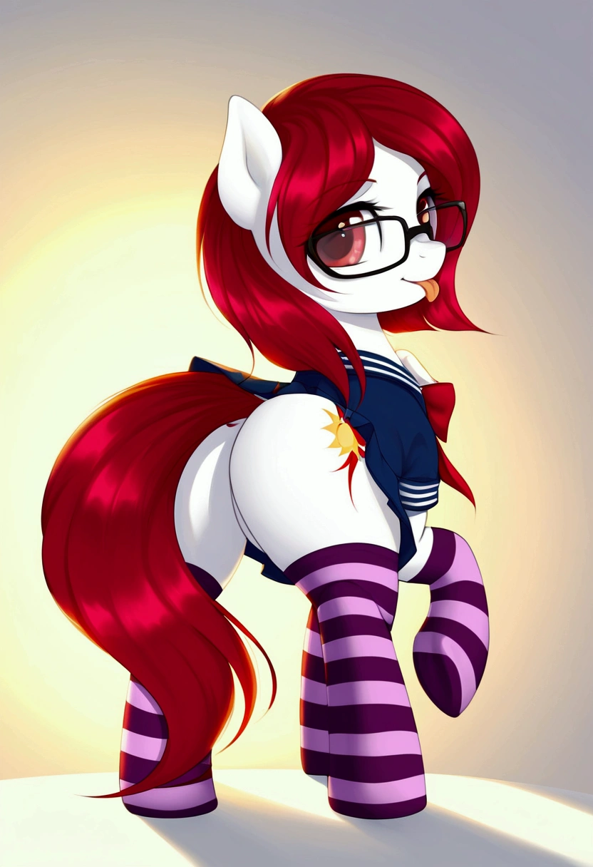 radiant lighting, vibrant colors, whimsical atmosphere, 8K, high resolution, highly detailed, masterpiece, (((my little pony))), four stockings, (red hair, white body, red eyes) cute face, tongue out, (school uniform), striped stockings, standing on four hooves, cool glasses, showing butt