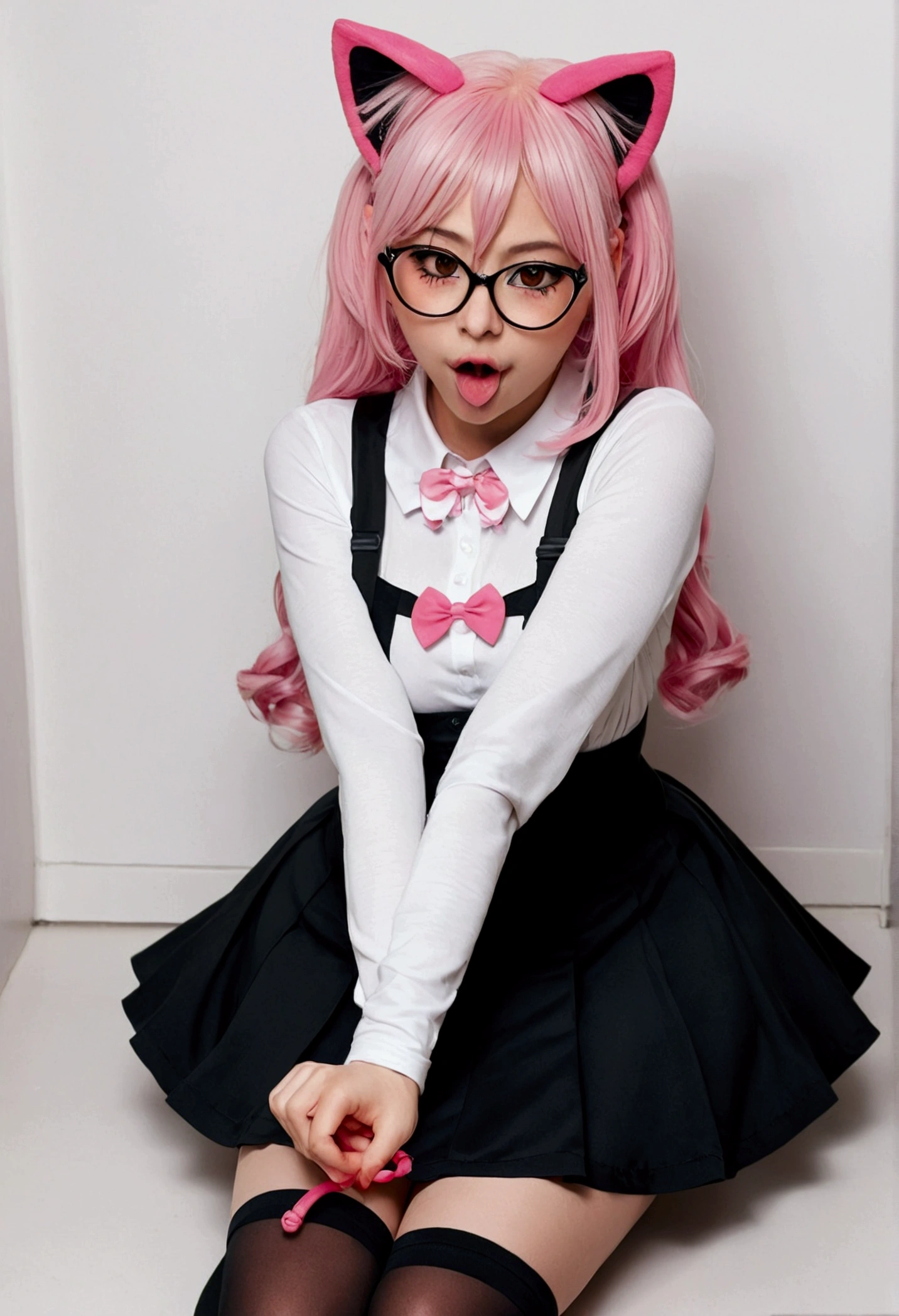 I have white pink hair, cat ears, A good, my face is super red, black glasses, pink heart eyes, a brazil, a skirt that has black straps, black stockings, White shoes, a cat tail, a very shy girl who is on her knees opening her mouth with her tongue sticking out and her eyes closed