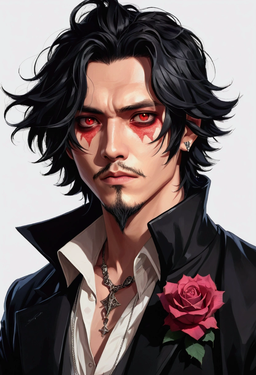 (arte de pixel_1.1) anime - style image of a man in a black jacket, handsome guy in demon slayer art, anime lush john 8k woods, male anime style, handsome japanese demon boy, beautiful androgynous prince, anime handsome man, anime portrait of a handsome man, male anime character, badass anime 8 k, artwork in the style of guweiz, red eyes, mad face, beautiful eye, black hair, tenn boy, one boy, rose tatto on neck, best eyes, qualit eyes, Johnny Depp concept