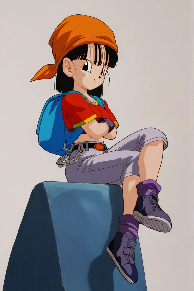 source_anime, score_9, score_8_up, score_7_up, anime screencap,8k, absurd res,
pan \(dragon ball\), 1girl, solo, looking at viewer, short hair, bangs, black hair, sitting, full body, short sleeves, sneakers, black gloves, gold trim, loose socks, belt, blue bag, black footwear, black eyes, chain, crossed arms, crossed legs, backpack, denim, red shirt, orange bandana, retro artstyle, female , grey pants, fanny pack, purple legwear, shoe soles, v-shaped eyebrows, from below, rock, midriff, collarbone, 1990s \(style\), skimpy clothing, sexy ass, medium breasts, sexy body