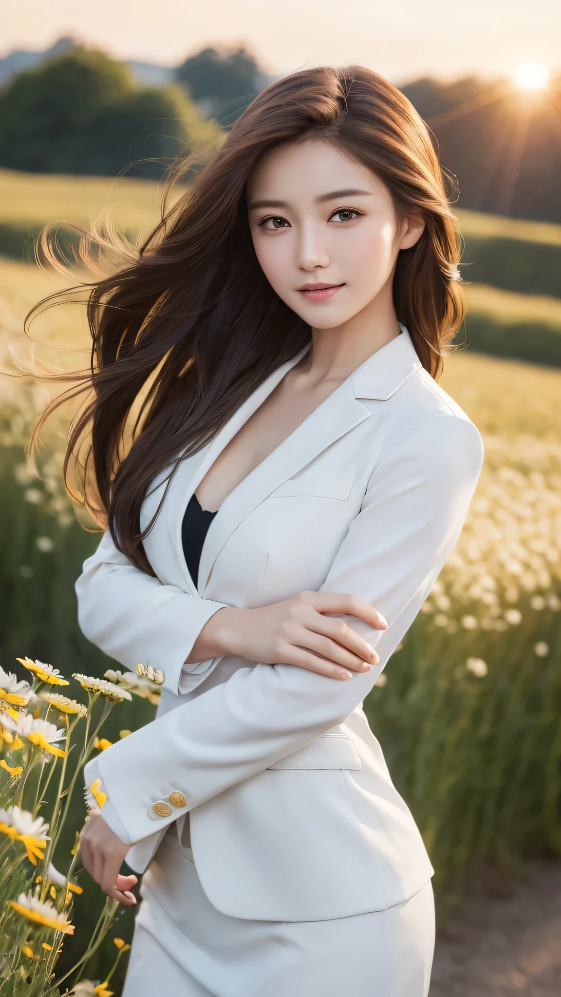 highest quality、genuine、Super detailed、finely、High resolution、8k wallpaper、one beautiful woman、、、light brown disheveled hair、wearing a business suit、sharp focus、perfect dynamic composition、beautiful and detailed eyes、thin hair、Detailed genuine skin texture、smile、model body shape、In a windswept meadow