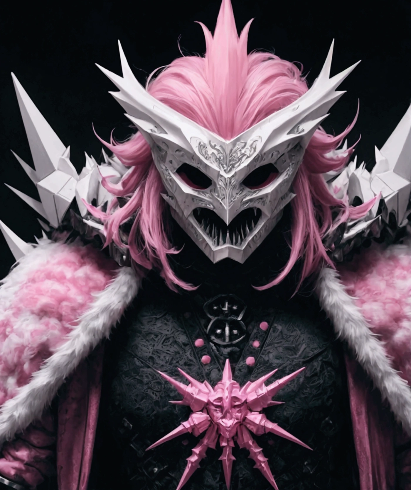 (extremely detailed 8k wallpaper), a medium shot photo of Grim dressed as a scary masked white and pink furry-supervillain in a white and pink spiked armour made of fur glowing armour with spikes from marvel, theme, intricate, high detail, dramatic, furry monster and destroyed buildings in the background