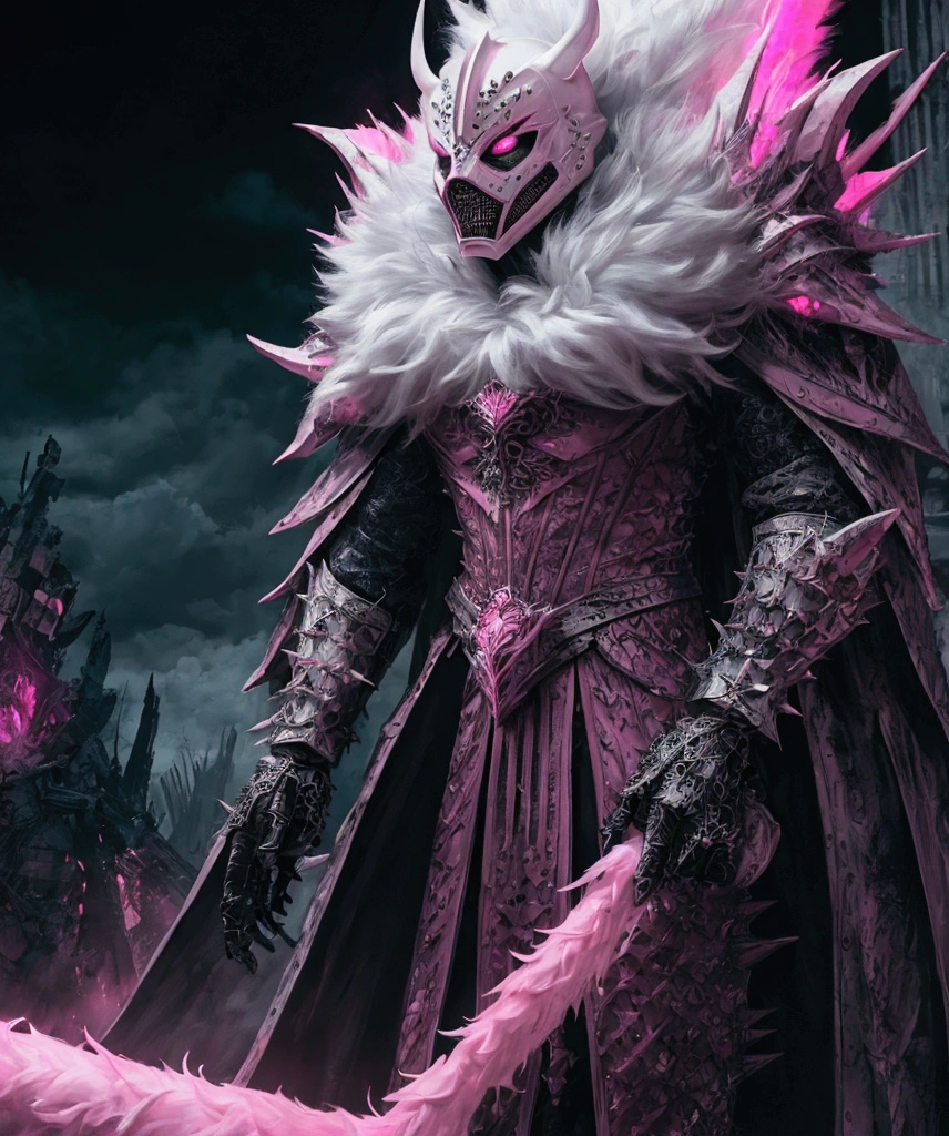 (extremely detailed 8k wallpaper), a medium shot photo of Grim dressed as a scary masked white and pink furry-supervillain in a white and pink spiked armour made of fur glowing armour with spikes from marvel, theme, intricate, high detail, dramatic, furry monster and destroyed buildings in the background
