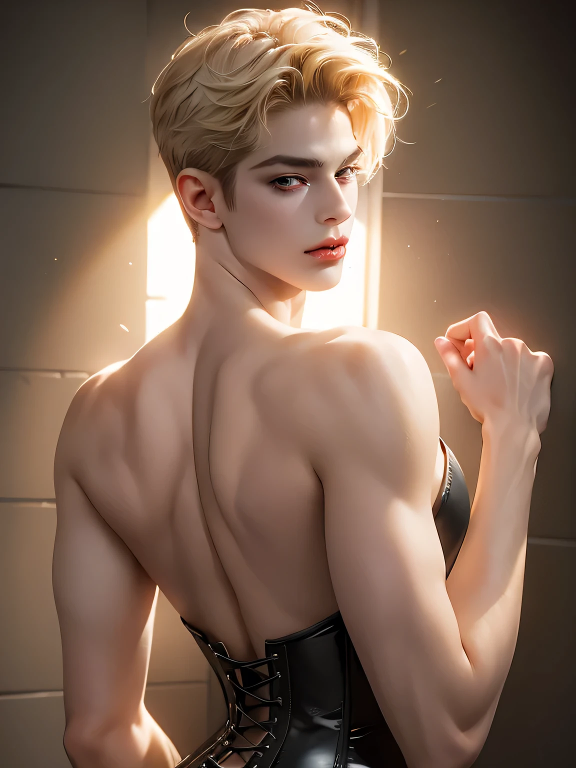 a male, big filler-lips , big butt, wide hips , short blond hair, wear a sexy corset dress, look at viewers, full body portrait, amazing beauty, dynamic pose, close hand, waist up, dramatic lighting, gorgeous, milky white, highly detailed skin, realistic skin details, visible pores, clear focus