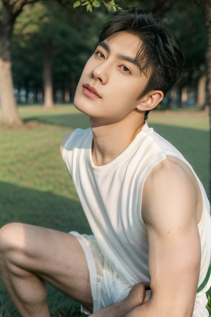 Asian muscular boy sitting on grass, sexy, Dark eyebrows, white shirt, wearing white thong high cut underwaer, white high cut Jockstrap, muscular young male, mid shot portrait, high quality portrait, Attractive pose, cute young man, gorgeous young model, portrait a 25 - year - old boy, casual photography, Realistic. Cheng Yi, cute young man, ((wearing micro string thong))