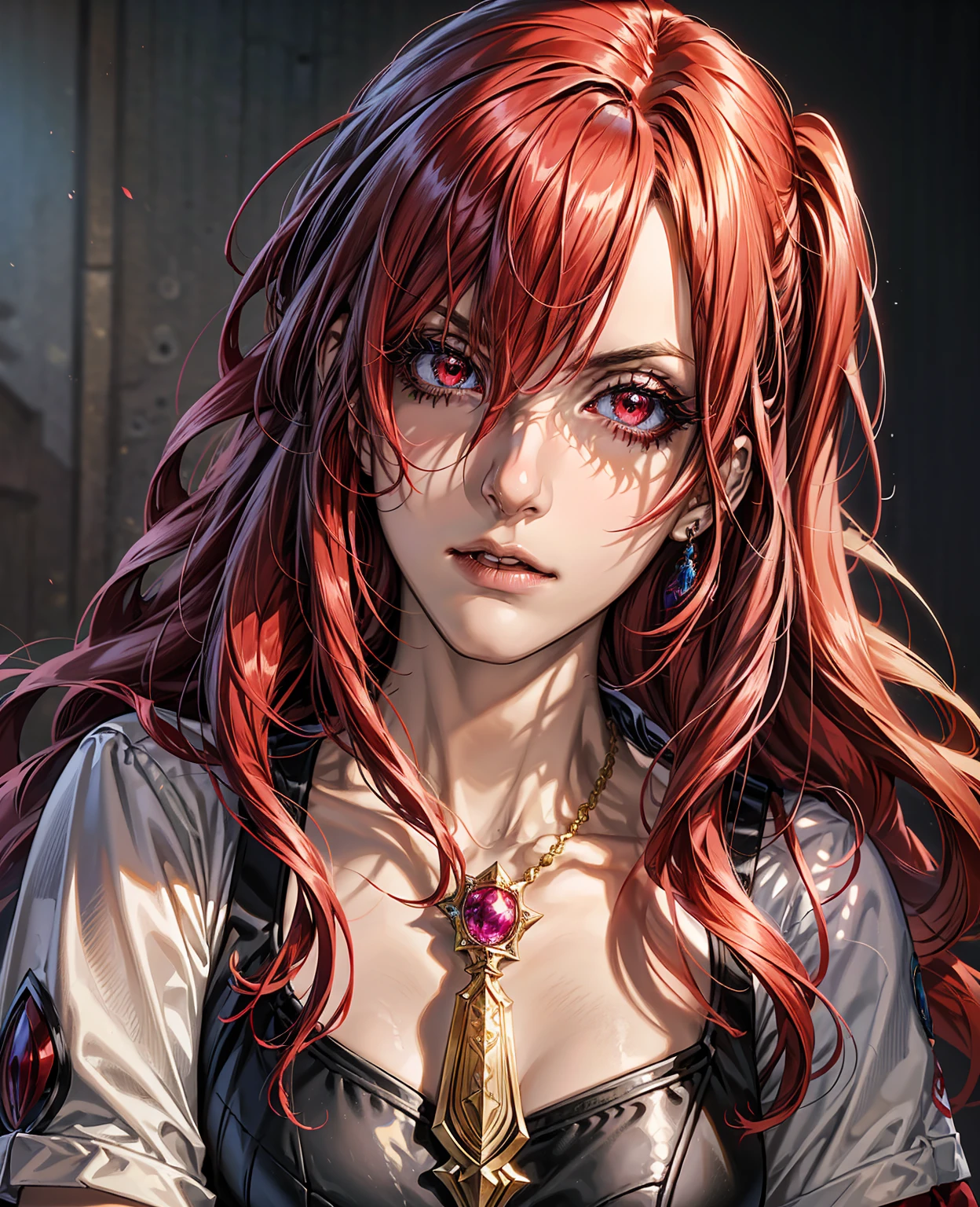 a beautiful girl with vibrant red eyes, messy pink and blue hair, detailed facial features, highly detailed portrait, intricate detailed hair strands, dramatic lighting, magical fantasy, ethereal, digital art, cinematic, concept art, award winning