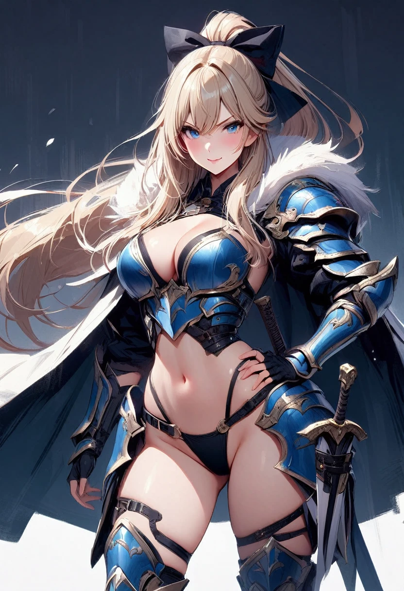 masterpiece, best quality, 1girl, breasts, solo, blonde-hair, blue-eyes, pelvic-curtain, navel, armor, large-breasts, ponytail, cape, cleavage, gloves, weapon, looking-at-viewer, smile, boots, fingerless-gloves, full-body, very-long-hair, standing, revealing-clothes, bikini-armor, black-gloves, fur-trim, simple-background, thighhighs, stomach, hand-on-hip, gauntlets, shoulder-armor, hair-bow, closed-mouth, bow, high-heels, midriff, armored-boots, hand-up, thigh-boots, thighs, ribbon, hair-between-eyes, v-shaped-eyebrows, blush, hair-ribbon, sheath
