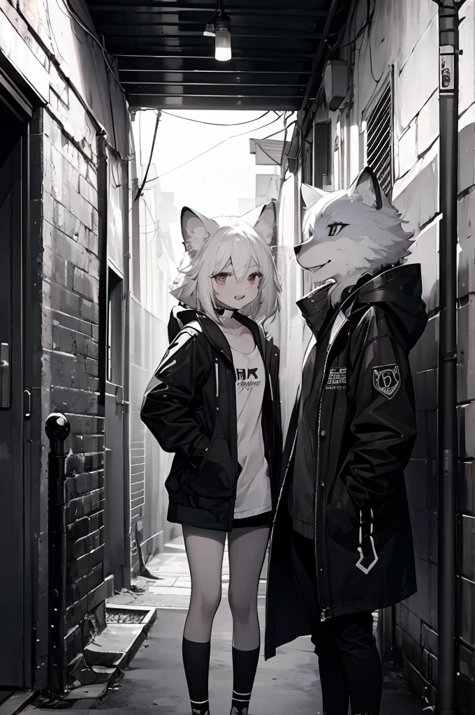 cover page, highres, top quality, best quality, paid reward available, unparalleled masterpiece, perfect artwork, absurdres, High-quality illustrations, laughing, perfect anatomy, lineart, monochrome, 1girl, kemono, furry, anthro, choker, shirt, torn legwear, open jacket, against wall, brick wall, graffiti, dim lighting, alley, dynamic angle,