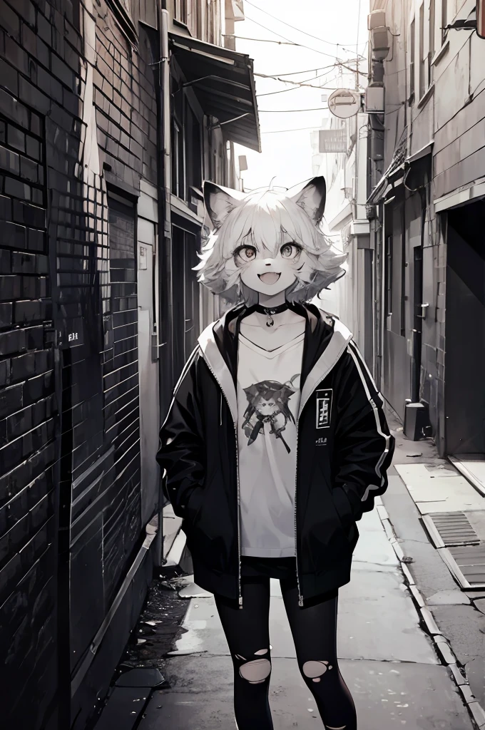 cover page, highres, top quality, best quality, paid reward available, unparalleled masterpiece, perfect artwork, absurdres, High-quality illustrations, laughing, perfect anatomy, lineart, monochrome, 1girl, kemono, furry, anthro, choker, shirt, torn legwear, open jacket, against wall, brick wall, graffiti, dim lighting, alley, dynamic angle,