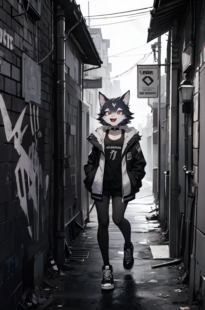 cover page, highres, top quality, best quality, paid reward available, unparalleled masterpiece, perfect artwork, absurdres, High-quality illustrations, laughing, perfect anatomy, lineart, monochrome, 1girl, kemono, furry, anthro, choker, shirt, torn legwear, open jacket, against wall, brick wall, graffiti, dim lighting, alley, dynamic angle,