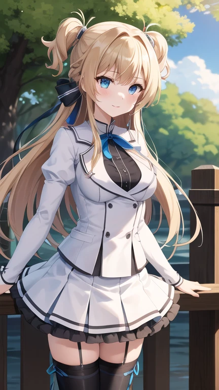 masterpiece, best quality, highres, 1girl, solo, long hair, blonde hair, two side up, (hair ribbon:1.1), blue eyes, neck ribbon, , white jacket, juliet sleeves, long sleeves, white skirt, thigh ribbon, black thighhighs, outdoors, cowboy shot, standing,