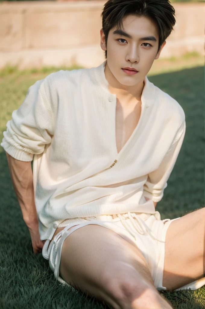 Asian muscular boy sitting on grass, sexy, Dark eyebrows, white shirt, wearing white thong high cut underwaer, white high cut Jockstrap, muscular young male, mid shot portrait, high quality portrait, Attractive pose, cute young man, gorgeous young model, portrait a 25 - year - old boy, casual photography, Realistic. Cheng Yi, cute young man, ((wearing micro string thong))