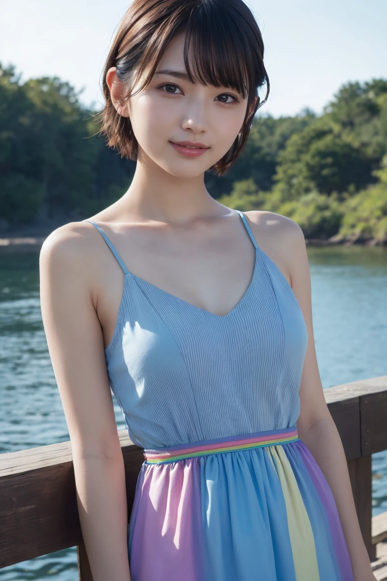 1 Girl, (Wearing a rainbow dress:1.2), (Supercluster), Very beautiful Japanese idol portraits, (RAW Photos, Highest quality), (Realistic, Realistic:1.4), (masterpiece), Very delicate and beautiful, Very detailed, 2k wallpaper, wonderful, finely, Very detailed CG Unity 8K wallpaper, Very detailed, High resolution, Soft Light, Beautiful detailed girl, Very detailed目と顔, Beautiful and sophisticated nose, Beautiful and beautiful eyes, Cinema Lighting, (Fashion magazine photography:1.3), (Outdoor), (night lighting), (Waterfront), (short hair), Complete Anatomy, Slender body, Small breasts, smile