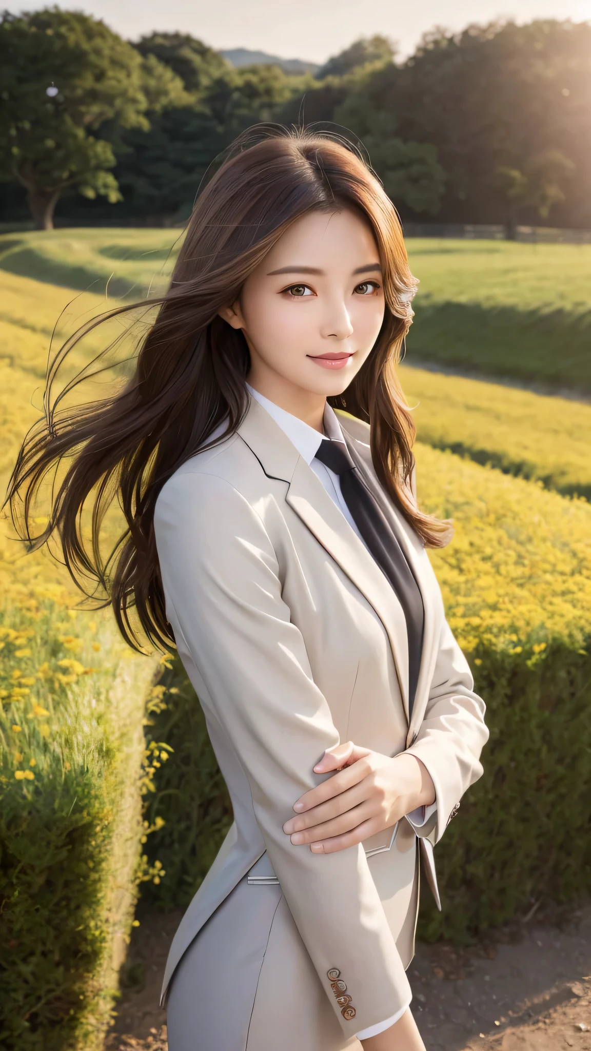 highest quality、genuine、Super detailed、finely、High resolution、8k wallpaper、one beautiful woman、、、light brown disheveled hair、wearing a business suit、sharp focus、perfect dynamic composition、beautiful and detailed eyes、thin hair、Detailed genuine skin texture、smile、model body shape、In a windswept meadow