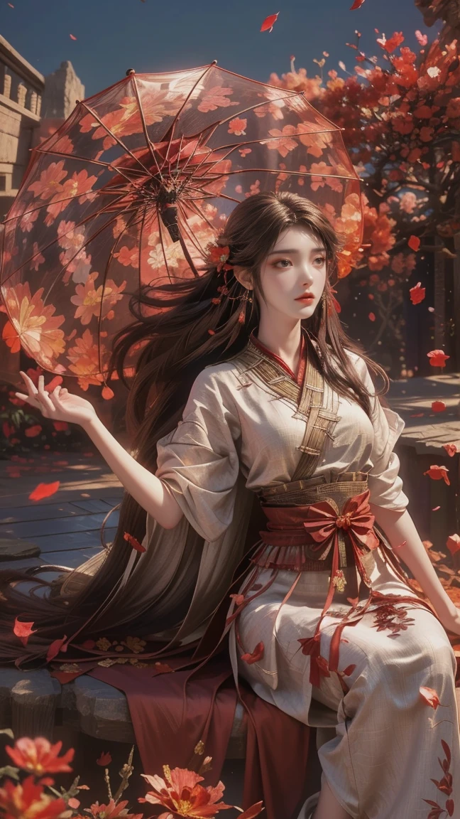 A beautiful woman with perfect curves wearing a red long dress that gently flutters in the air,The beautiful woman was sitting in a sea of beautiful flowers surrounding her, the girl holding a traditional Chinese umbrella , her flexible body increasing with every movement, So enchanting, the dim candlelight, the glowing butterflies fighting the darkness of the night, the light of the moon, The night wind blowing the curtains, the red flower petals , flower petals flying around the room, Chinese dancing, This woman is so beautiful that she attracts everyone who watches her, ancient China, imperial empress