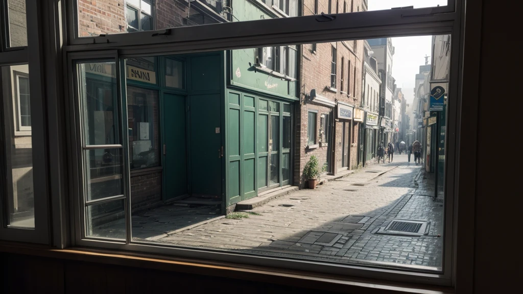 Old street seen through a broken window
