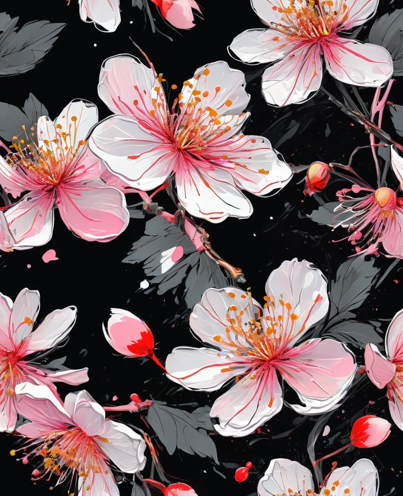 Graffiti, scribble, Comics by Petra Cortright, best quality, masterpiece, sakura flowers artwork, Representative work, official art, Professional, Ultra intricate detailed, 8k, sakura flowers art, black background