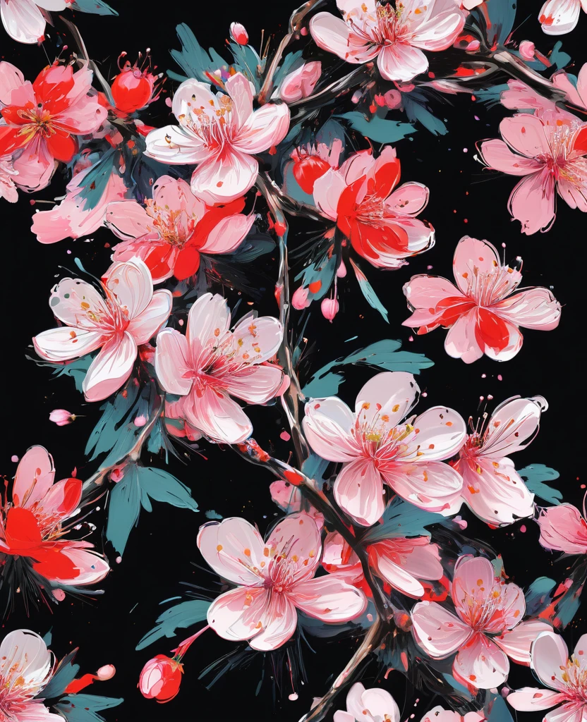 Graffiti, scribble, Comics by Petra Cortright, best quality, masterpiece, sakura flowers artwork, Representative work, official art, Professional, Ultra intricate detailed, 8k, sakura flowers art, black background
