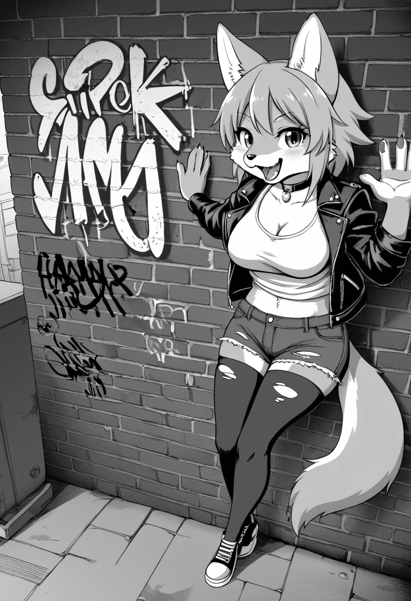 cover page, highres, top quality, best quality, paid reward available, unparalleled masterpiece, perfect artwork, absurdres, High-quality illustrations, laughing, perfect anatomy, lineart, monochrome, 1girl, kemono, furry, anthro, choker, shirt, torn legwear, open jacket, against wall, brick wall, graffiti, dim lighting, alley, dynamic angle,