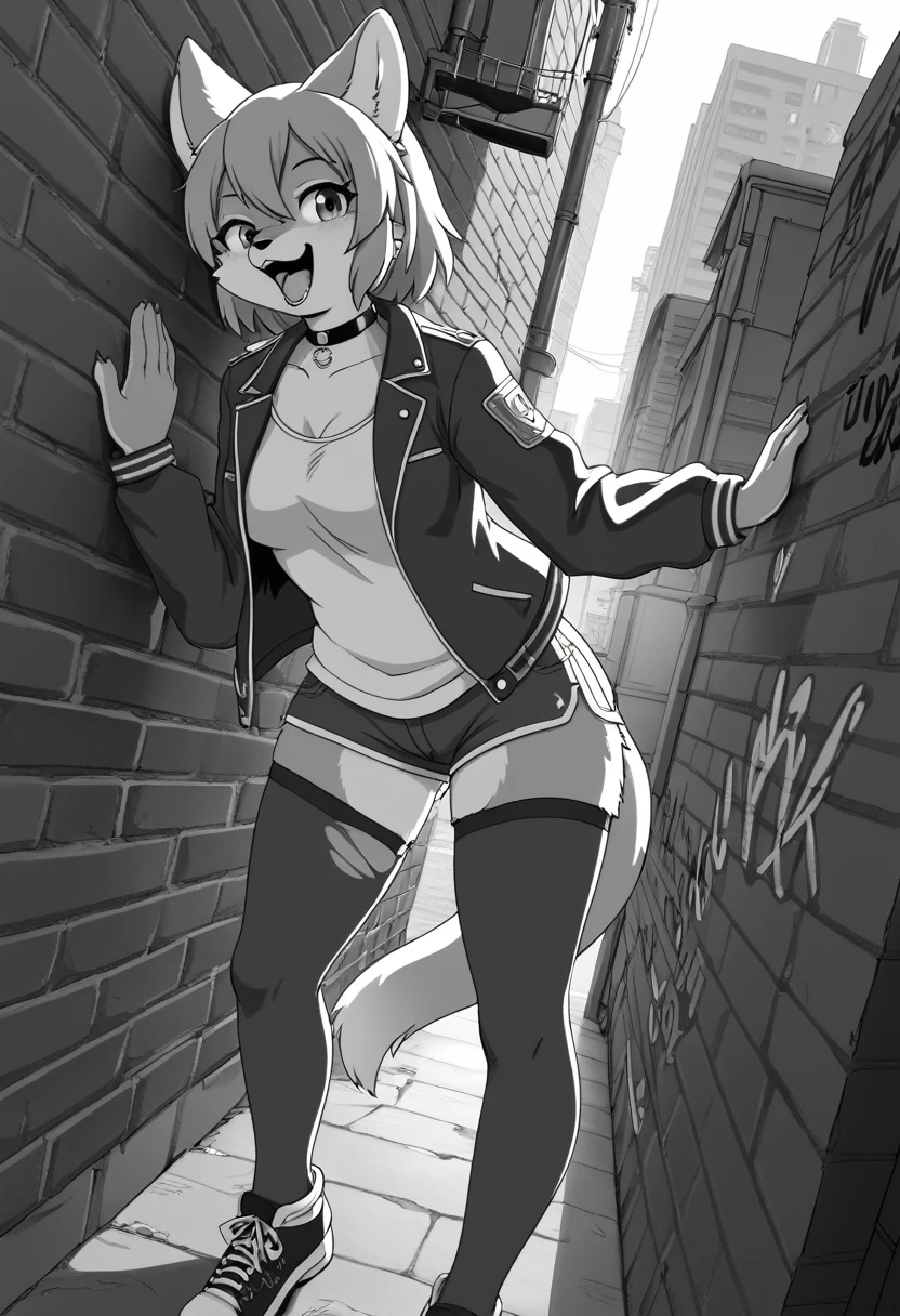 cover page, highres, top quality, best quality, paid reward available, unparalleled masterpiece, perfect artwork, absurdres, High-quality illustrations, laughing, perfect anatomy, lineart, monochrome, 1girl, kemono, furry, anthro, choker, shirt, torn legwear, open jacket, against wall, brick wall, graffiti, dim lighting, alley, dynamic angle,